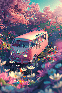 透视光光插画图片_夏天手绘粉色樱花中巴士车插画海报