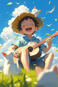 夏天出汗的表情插画图片_男孩弹吉他草地夏日插画手绘海报