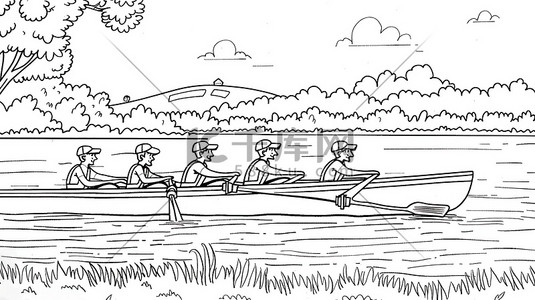 划船扒龙舟儿童涂色书插画