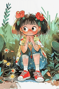 植物可爱女孩手绘夏季海报矢量插画