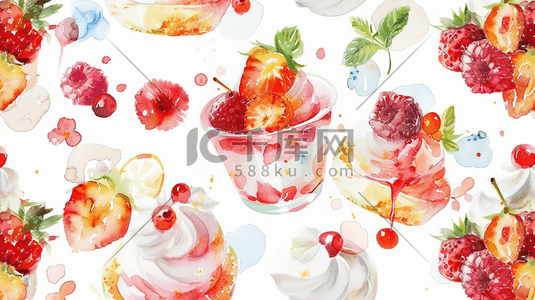 美味的水果插画图片_绘画粉色场景水果蛋糕场景的插画