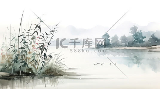 中国湖泊浓墨水墨画插画设计