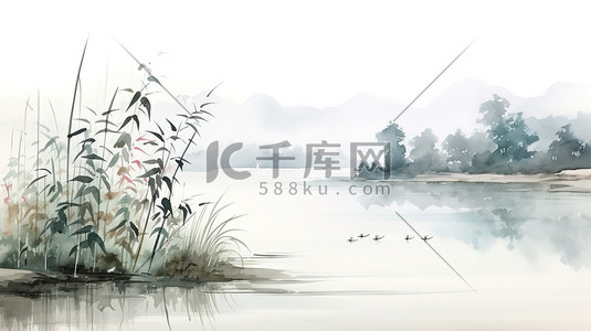 中国画李字插画图片_中国湖泊浓墨水墨画插画设计