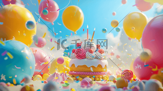 惊喜大放价插画图片_唯美缤纷梦幻惊喜生日蛋糕气球的插画