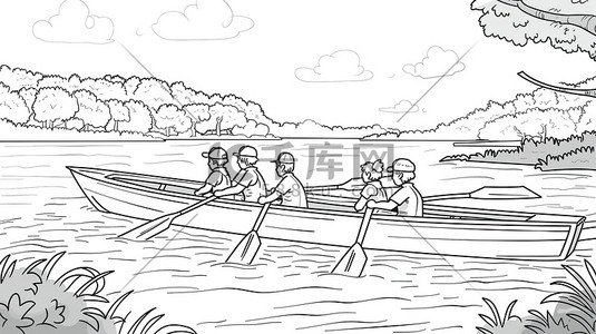 划船扒龙舟儿童涂色书插图