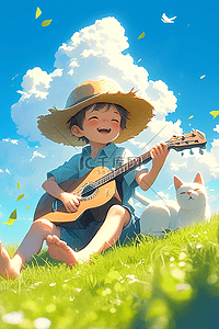 男孩弹吉他草地夏日手绘插画海报