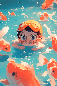 橙色眼镜插画图片_手绘可爱孩子游泳泳池夏季插画