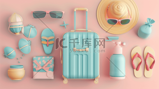 旅游箱插画图片_粉色场景旅行旅游夏季用品的插画