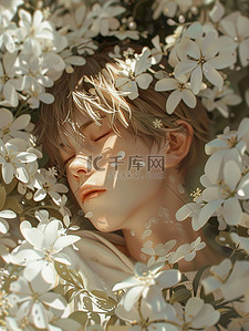 白色花朵中睡觉的动漫男孩插画素材