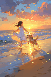 唯美海边夏日玩耍手绘插画海报