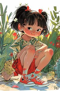夏天出汗的表情插画图片_夏季手绘植物可爱女孩海报原创插画