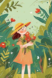 红色花朵背景插画图片_夏季女孩植物花朵插画手绘