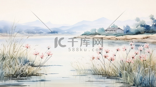 中国湖泊浓墨水墨画插画图片