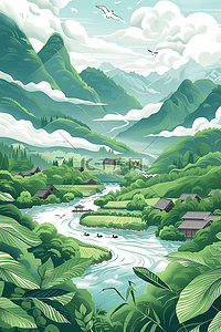 这是美好的一天插画图片_山河水彩夏季手绘插画海报