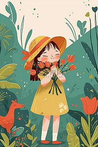 黄色卡通手绘背景插画图片_女孩植物花朵夏季手绘插画