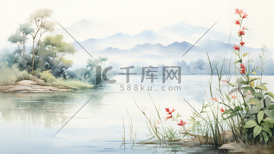 中国湖泊浓墨水墨画插画