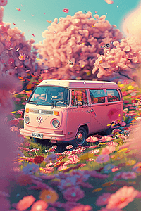 大众点评连图插画图片_粉色樱花中巴士车手绘夏天插画海报