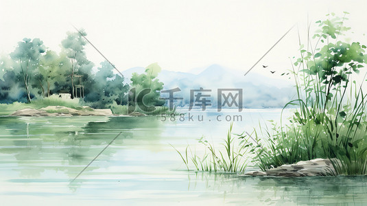 中国湖泊浓墨水墨画插图