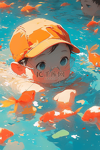 水里的金鱼插画图片_夏季可爱孩子游泳泳池手绘插画