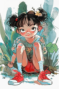 夏天出汗的表情插画图片_植物可爱夏季女孩手绘海报素材