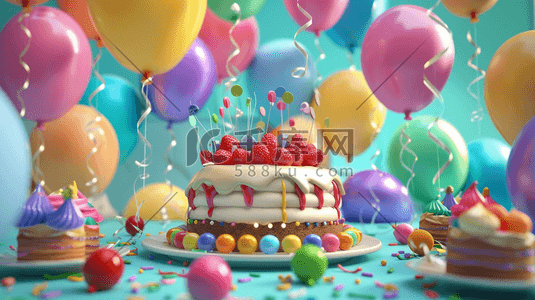 生日蛋糕插画图片_唯美缤纷梦幻惊喜生日蛋糕气球的插画