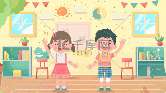 教室两个孩子举手插画设计