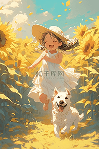 一只奔跑的小狗插画图片_女孩小狗夏季向日葵手绘插画海报