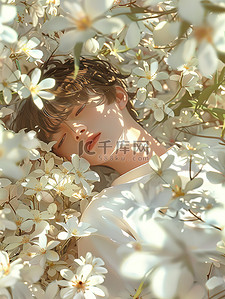 白色无图案插画图片_白色花朵中睡觉的动漫男孩插画设计