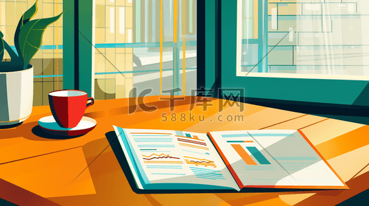 白咖啡咖啡插画图片_简约扁平化办公室内桌面上文件咖啡的插画