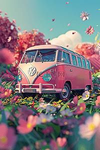 摄像镜头框插画图片_插画夏天粉色樱花中巴士车手绘海报