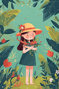 绿色卡通手绘叶子插画图片_手绘夏季女孩植物花朵插画