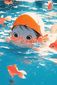 可爱孩子游泳泳池手绘插画夏季