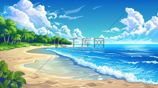 海边太阳插画图片_绘画唯美海面海边树木风景躺椅遮阳伞的插画