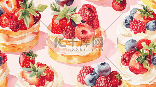 美味的水果插画图片_绘画粉色场景水果蛋糕场景的插画