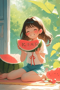 吃夏天的西瓜插画图片_女孩西瓜手绘插画夏日海报