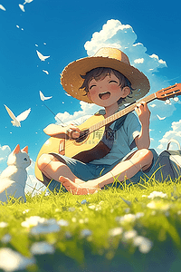 男孩弹吉他草地手绘夏日插画海报