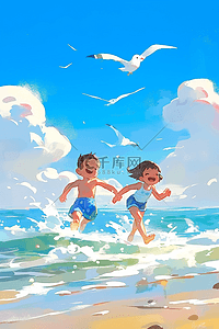 夏季手绘可爱孩子海边奔跑插画