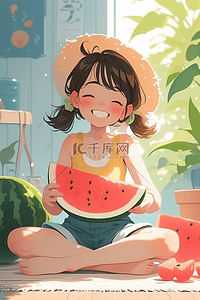吃夏天的西瓜插画图片_夏日海报女孩西瓜手绘插画
