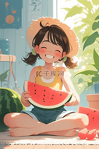 夏日海报女孩西瓜手绘插画