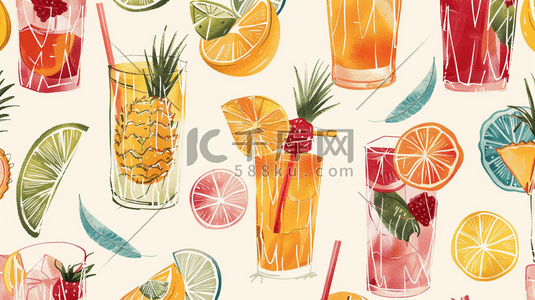 彩色水果场景玻璃杯饮料的插画