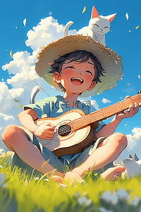 男孩手绘弹吉他草地夏日插画海报