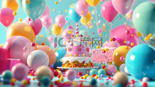 生日展架插画图片_唯美缤纷梦幻惊喜生日蛋糕气球的插画