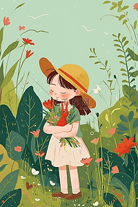 红色花朵背景插画图片_女孩植物夏季花朵手绘插画