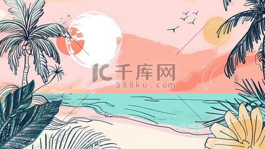 热带海滩粉彩插画
