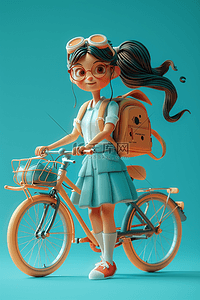 背景海报蓝色插画图片_3d女孩自行车插画海报