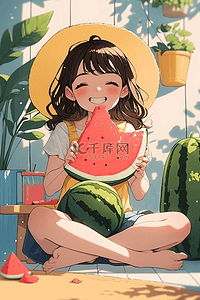 吃夏天的西瓜插画图片_女孩西瓜手绘插画海报夏日