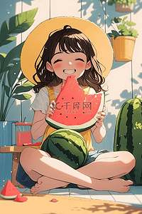 手里麦克风插画图片_女孩西瓜手绘插画海报夏日