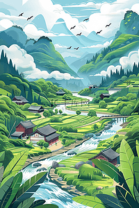 夏季山河手绘插画海报