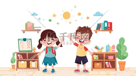 教室两个孩子举手插画海报