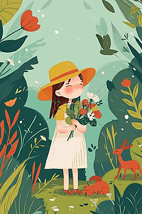 红色鲜花背景插画图片_女孩植物花朵手绘插画夏季